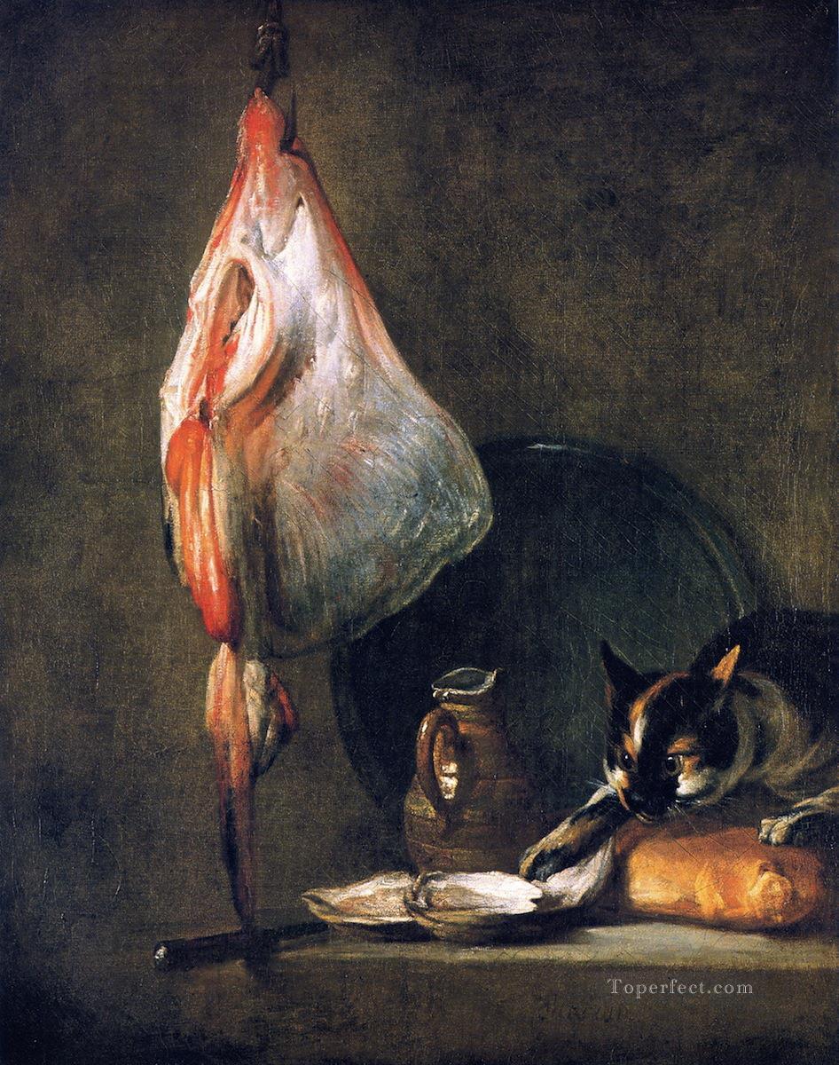 Chat avec une cruche d’huîtres et une miche de pain Jean Baptiste Simeon Chardin Peintures à l'huile